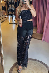 Openwork Lace Patchwork Wide-leg Jeans