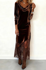 Velvet and Lace Patchwork Long-sleeved Elegant Maxi Dress