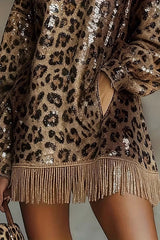Leopard Print Sequined Turtleneck Long-sleeved Tassel Hem Loose Mini Dress
