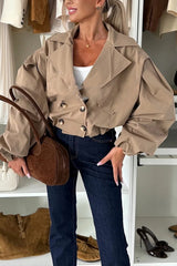 Style Button Long Balloon Sleeve Pocket Lapel Casual Bomber Jacket