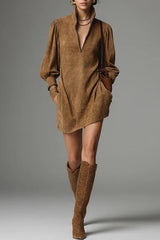 Loose-fitting Suede Zip-up V-neck Mini Dress