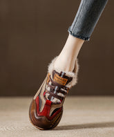 Splicing Platform Flat Feet Shoes Red Faux Leather Fuzzy Wool Lined