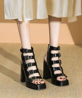 Chic Splicing Chunky High Heels Sandals Hollow Out Black Faux Leather