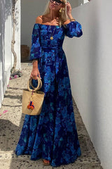 One Shoulder Blue Flower Design Off Shoulder Back Smoke Vacation Long Dress