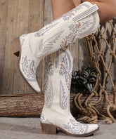 White Embossed Faux Leather Pointed Toe Chunky Thigh Boots