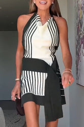 Event�Striped Beads Cowl Neck Backless Tie-up Mini Dress