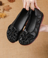 Black Cowhide Leather Soft Splicing Flat Shoes For Women