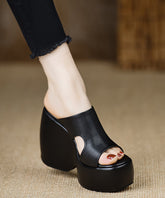 Stylish Wedge Heels Black Cowhide Leather Slide Sandals