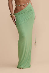 Emara Stretch Mesh Hand Beaded Detachable Belt Gathered Waist Vacation Maxi Skirt