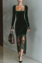 Velvet and Lace Patchwork Square Neck Long-sleeved Maxi Dress