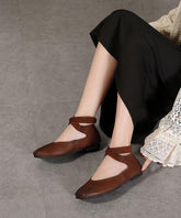 Chic Chocolate Buckle Strap Ballet Flats Shoes Cowhide Leather