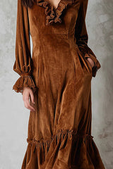 Velvet Lace Patchwork V-neck Ruffle Midi Dress
