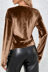 Velvet Sequined Long-sleeved Pleated Fitted Top
