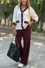 Color-blocked V-neck Knitted Button-down Cardigan and Elastic Waist Casual Wide-leg Pants Set