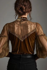 Velvet and Mesh Patchwork Casual Long-sleeved Top