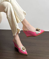 Pink Floral Wedge Heels Slide Sandals Pointed Toe