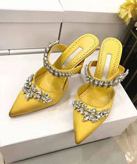 Rose Stiletto Satin Zircon Slide Sandals Pointed Toe
