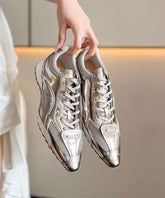 Silver Faux Leather Lace Up Splicing Sport Shoes Pointed Toe