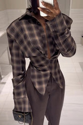 Vintage Plaid Shoulder Pad Buttons Long Sleeve Angled Hem Shirt