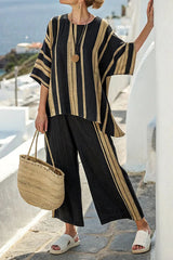 Linen Blend Unique Print Half Sleeve Top and Elastic Waist Pocket Loose Pants Set