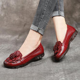Red Floral Cowhide Leather Flat Shoes For Flat