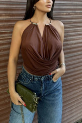 Metal Ring Halter Neck Backless Draped Sleeveless Top