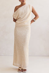 Milla Knit Sequin Asymmetrical Neck Draped Loose Top