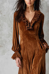 Velvet Lace Patchwork V-neck Ruffle Midi Dress