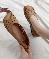 Brown Cowhide Flat Feet Shoes Hollow Out Flat Shoes