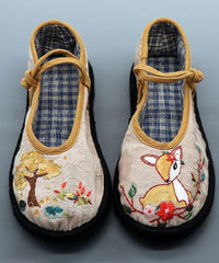 Linen Fabric Animal Embroidery Splicing Buckle Strap Flat Shoes