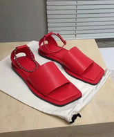 Red Faux Leather Flat Sandals Peep Toe Buckle Strap