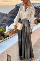 Metallic Pleated Back Elastic Waist Maxi Skirt