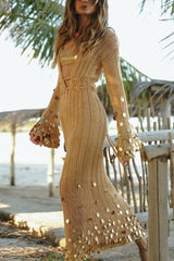 V-neck Flared Long-sleeved Knit Sequined Maxi Dress