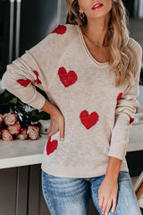 Color-blocked Heart-patterned Long-sleeved Loose Knit Sweater