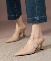 Apricot Faux Leather Fine High Heels Slide Sandals Pointed Toe