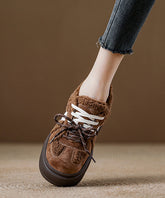 Brown Suede Lace Up Splicing Flat Feet Shoes Fuzzy Wool Lined