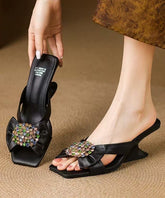 Black Wedge Sheepskin Zircon Chic Splicing Slide Sandals