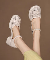Beige Sheepskin Buckle Strap Splicing Chunky Heel Sandals