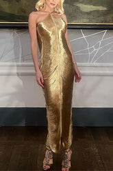 Allnight Metallic Halterneck Backless Fringed Slit Maxi Dress