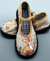 Linen Fabric Animal Embroidery Splicing Buckle Strap Flat Shoes