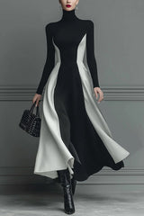Color-blocked Turtleneck Long-sleeved Slim-fit Midi Dress