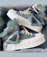 Blue Canvas Splicing Lace Up Platform Boots