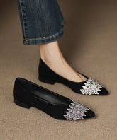 Black Suede Unique Splicing Flats Pointed Toe Zircon