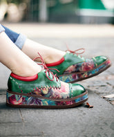 Green Sheepskin Boho Lace Up Embossed Platform Shoes