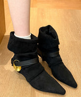 Chic Splicing High Heel Boots Black Suede Pointed Toe