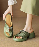 Green Embroidered Chunky Heel Slide Sandals