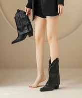 Black Rivet Chunky Faux Leather Soft Splicing Boots Pointed Toe