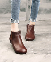 Coffee Boots Cowhide Leather Boho Warm Fleece Flat Boots