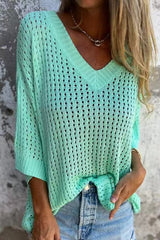 Hollow V-neck Long-sleeved Casual Loose Knitted Top