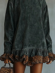 Leopard Print Patchwork Loose Turtleneck Long-sleeved Casual Mini Dress
